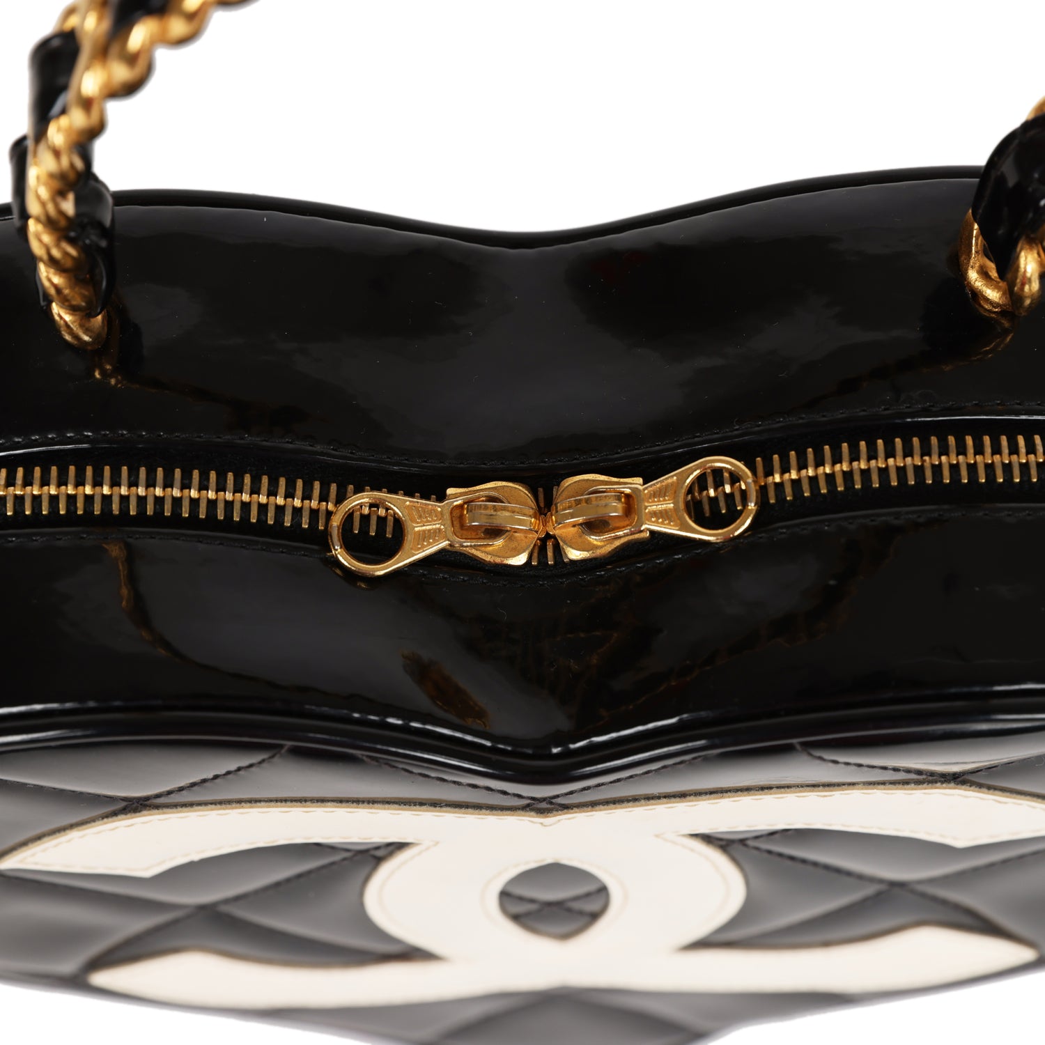 Chanel Vintage Heart Vanity Bag Black and White Patent Antique Gold Hardware