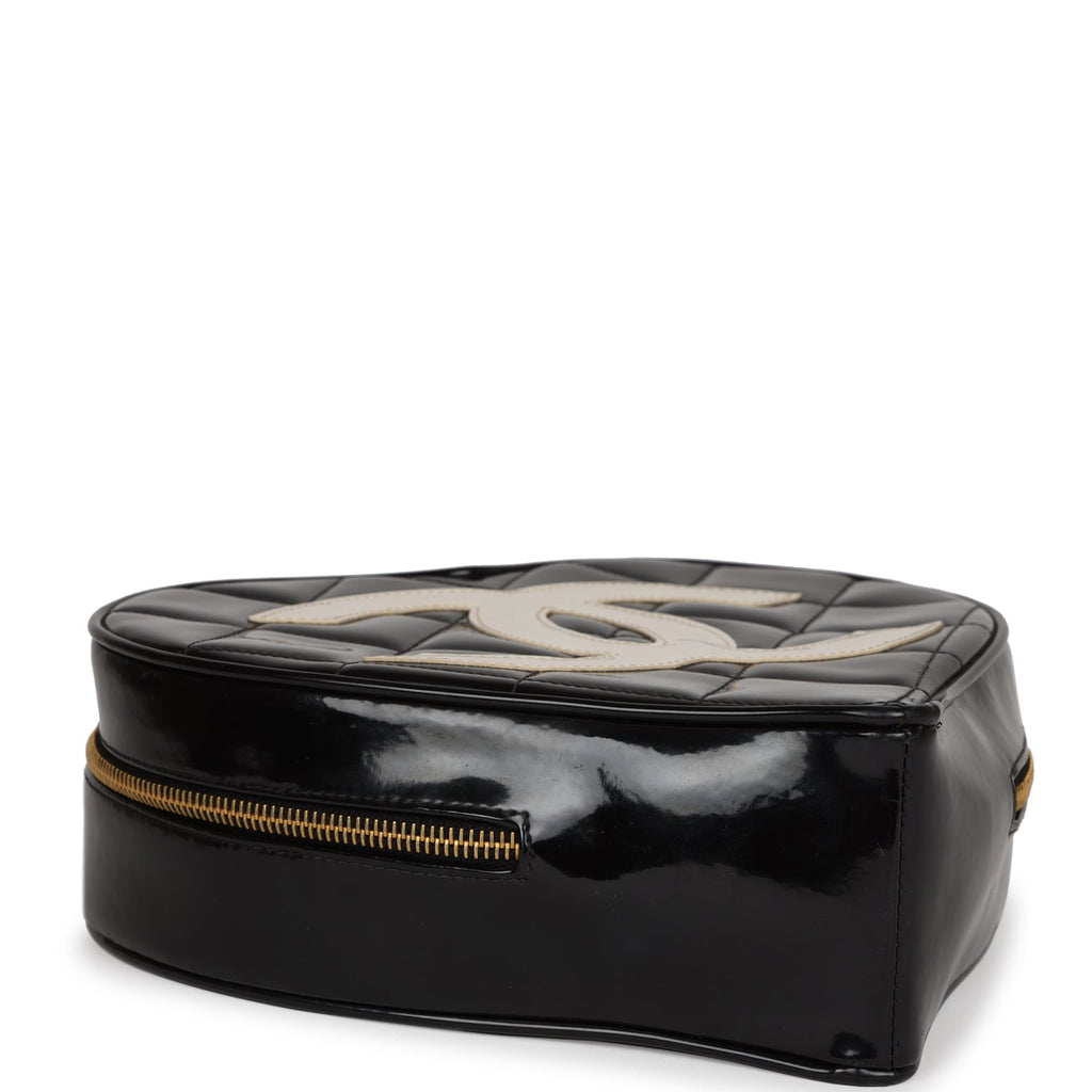Chanel Vintage Heart Vanity Bag Black and White Patent Antique Gold Hardware