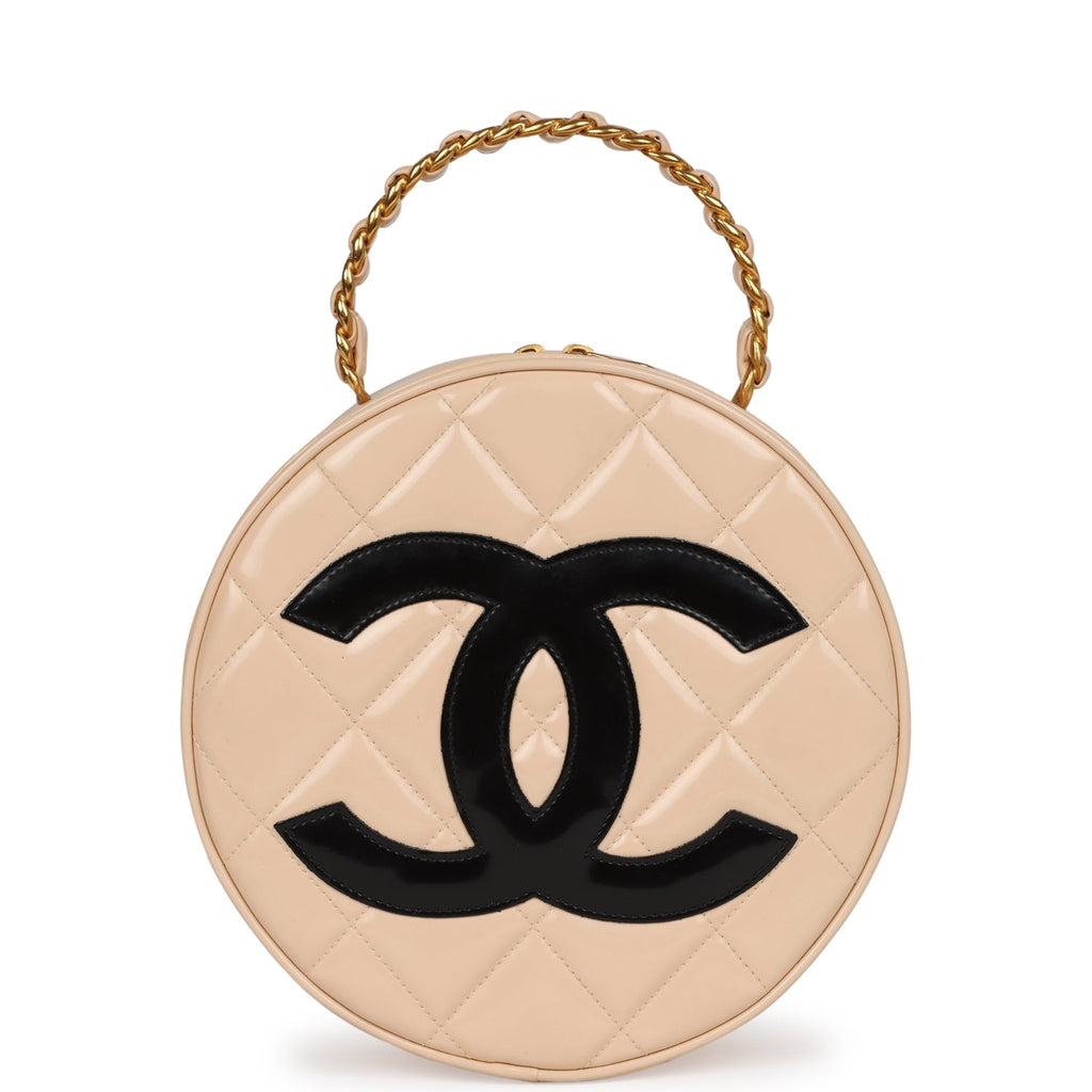Chanel Vintage Round Vanity Bag Beige and Black Patent Leather Antique Gold Hardware