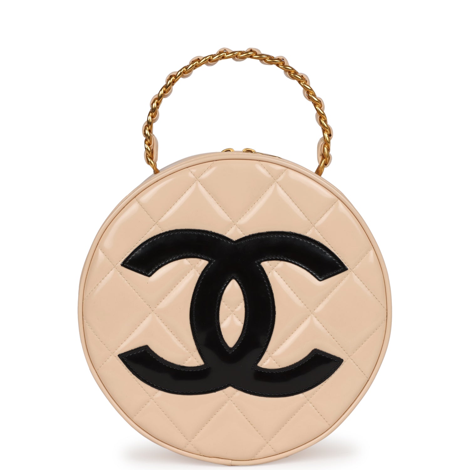 Chanel Vintage Round Vanity Bag Beige and Black Patent Leather Antique Gold Hardware