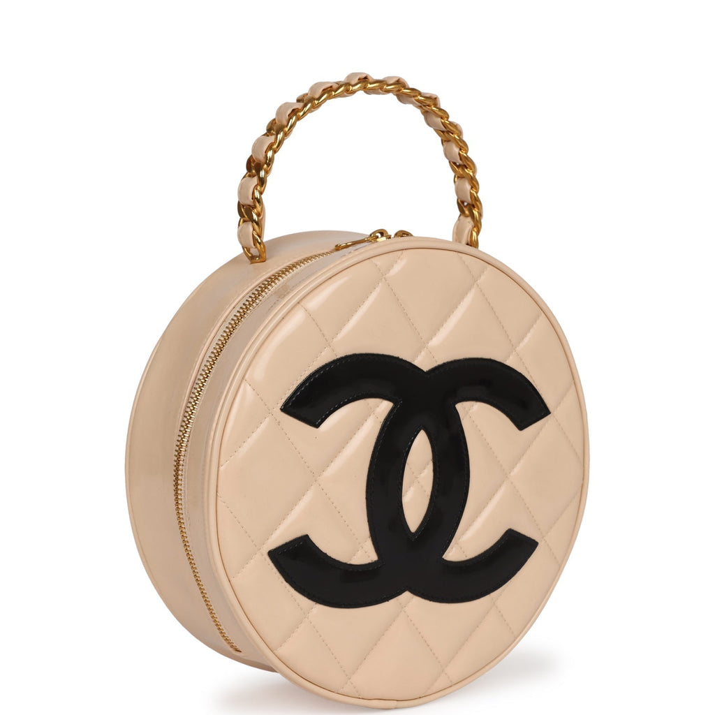 Chanel Vintage Round Vanity Bag Beige and Black Patent Leather Antique Gold Hardware