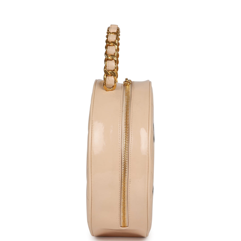 Chanel Vintage Round Vanity Bag Beige and Black Patent Leather Antique Gold Hardware