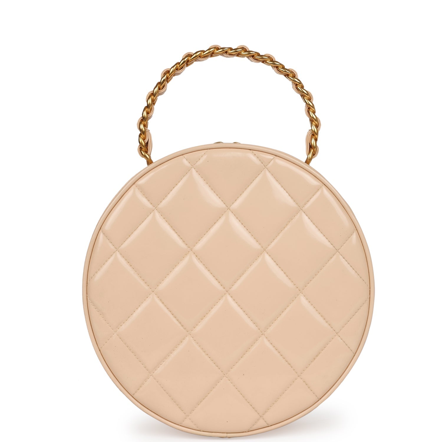 Chanel Vintage Round Vanity Bag Beige and Black Patent Leather Antique Gold Hardware