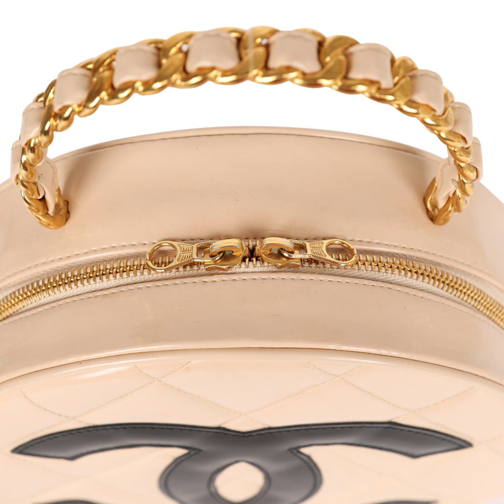 Chanel Vintage Round Vanity Bag Beige and Black Patent Leather Antique Gold Hardware