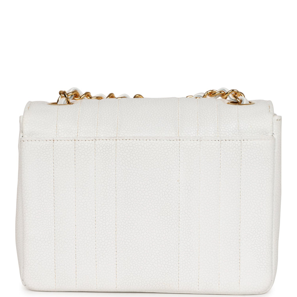 Chanel Vintage Mini Square Flap Vertical Stripe White Caviar Gold Hardware
