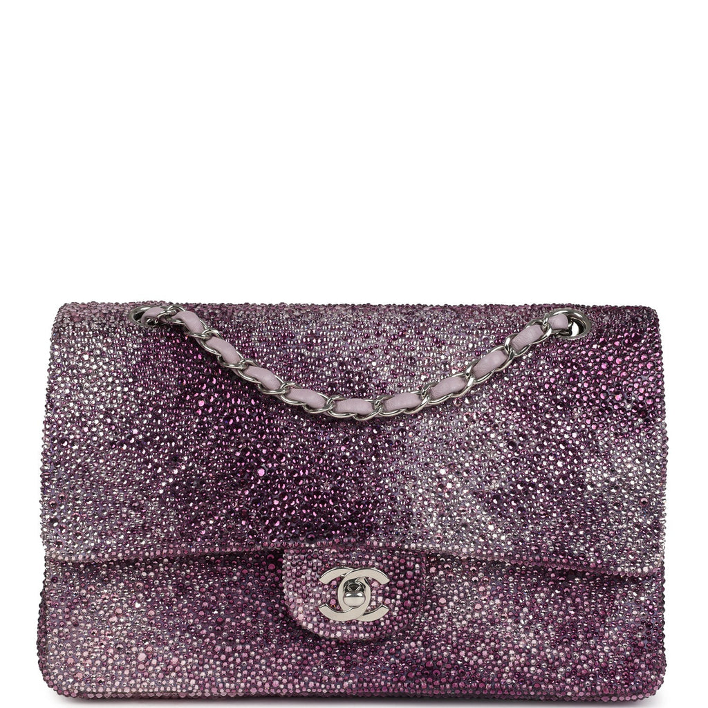 Custom Swarovski Crystal Chanel Vintage Medium Classic Double Flap Purple Lambskin Silver Hardware