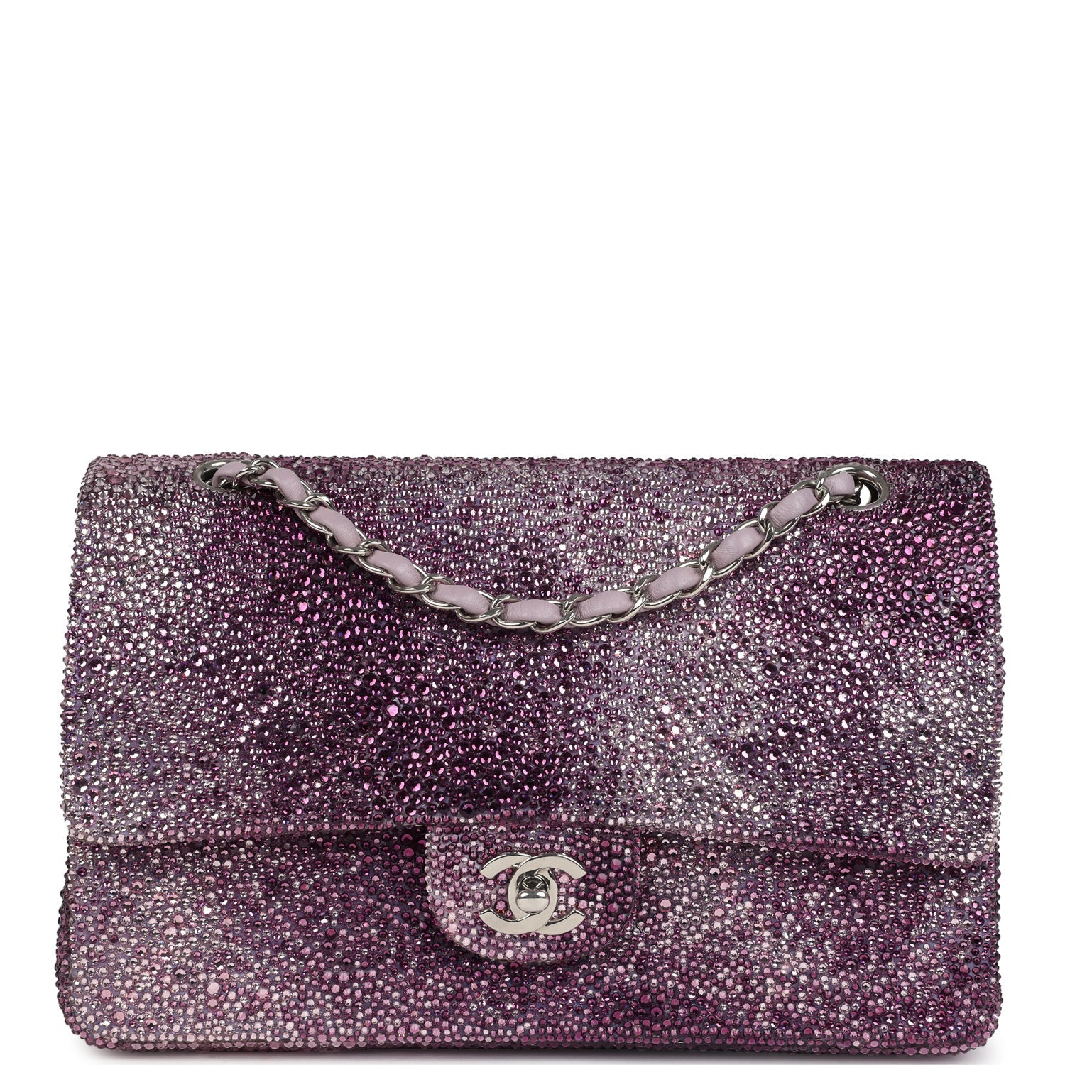 Custom Swarovski Crystal Chanel Vintage Medium Classic Double Flap Purple Lambskin Silver Hardware