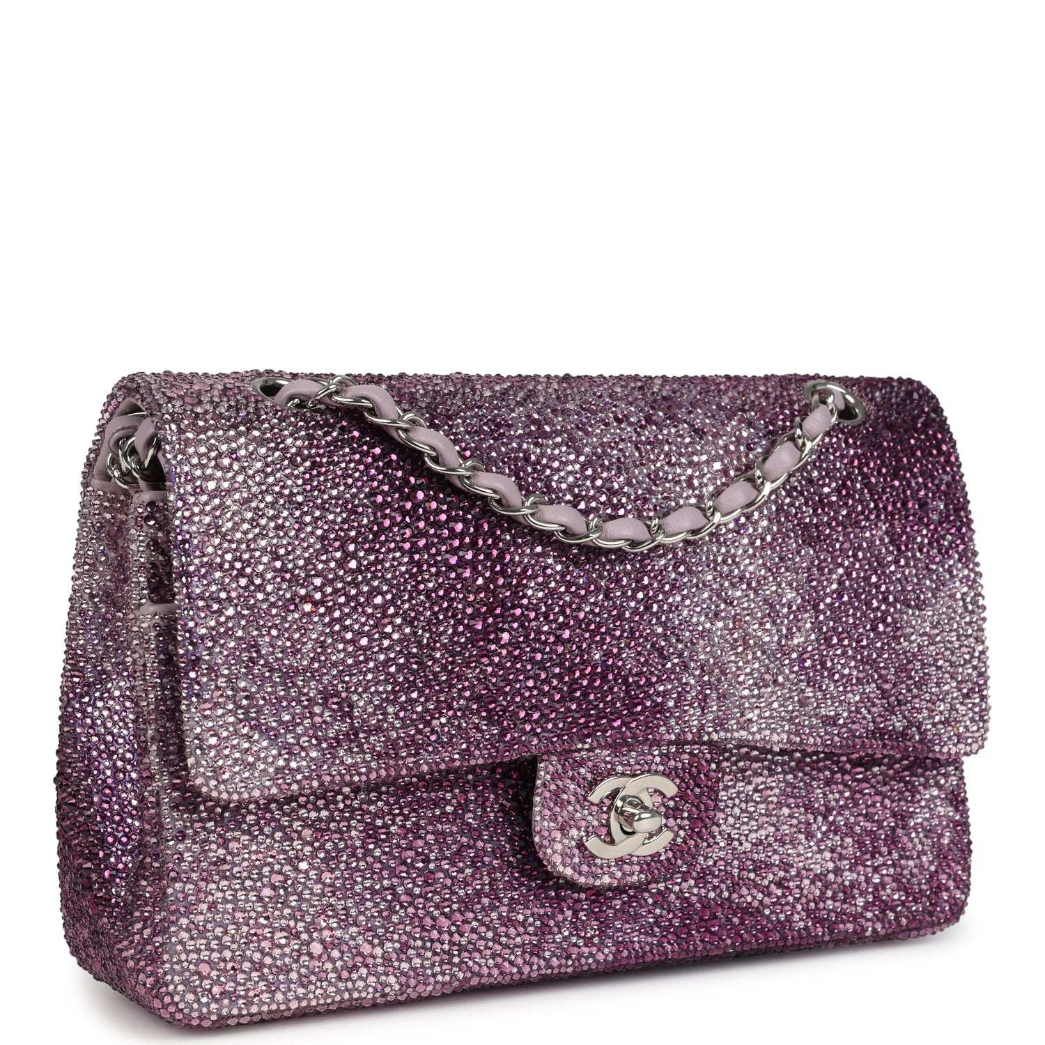 Custom Swarovski Crystal Chanel Vintage Medium Classic Double Flap Purple Lambskin Silver Hardware