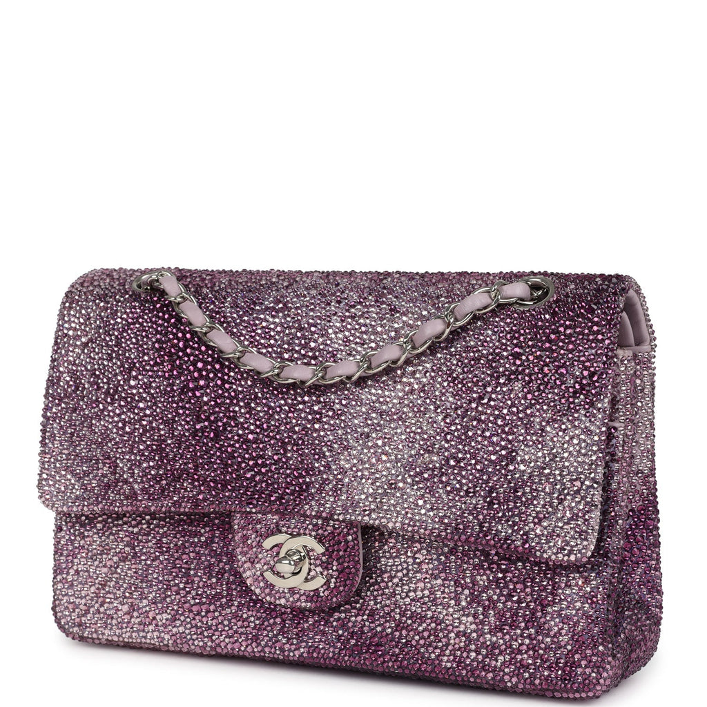 Custom Swarovski Crystal Chanel Vintage Medium Classic Double Flap Purple Lambskin Silver Hardware