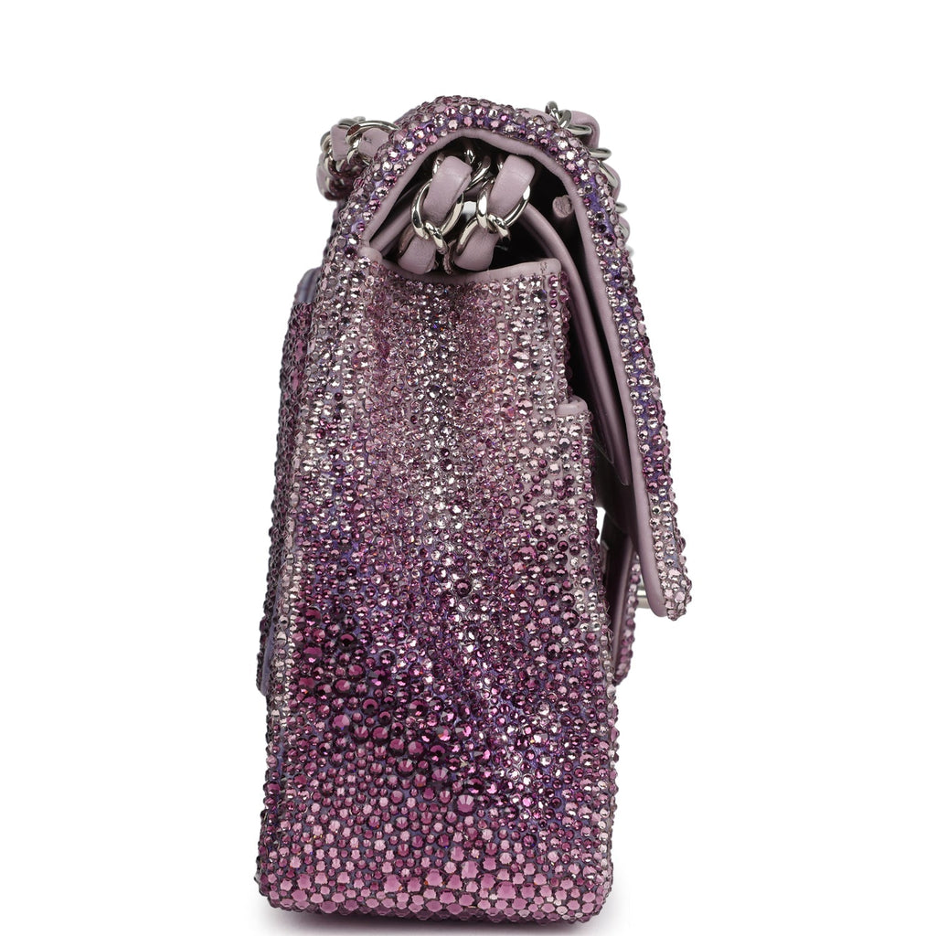 Custom Swarovski Crystal Chanel Vintage Medium Classic Double Flap Purple Lambskin Silver Hardware