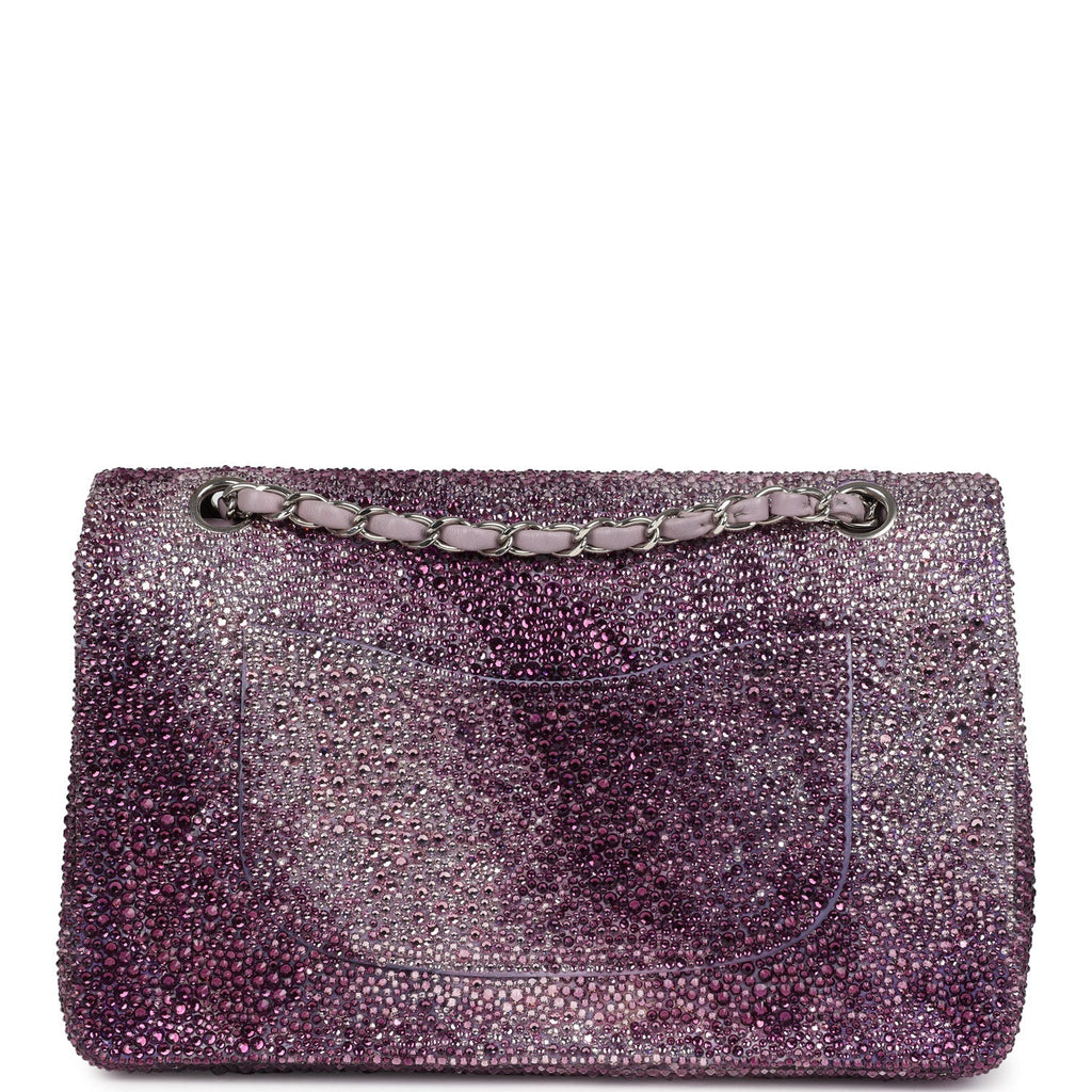Custom Swarovski Crystal Chanel Vintage Medium Classic Double Flap Purple Lambskin Silver Hardware