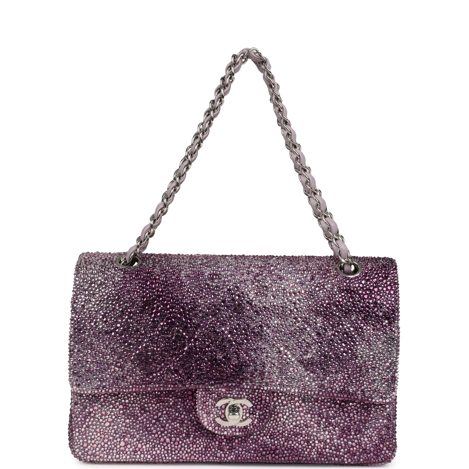 Custom Swarovski Crystal Chanel Vintage Medium Classic Double Flap Purple Lambskin Silver Hardware