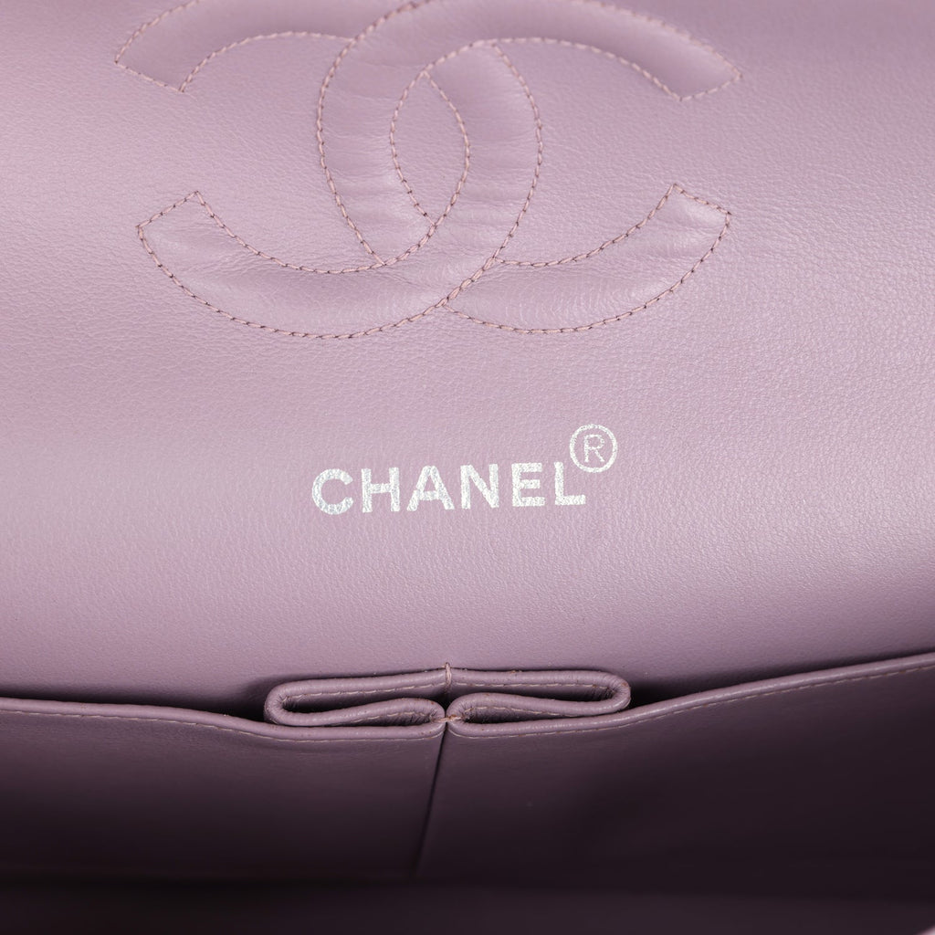 Custom Swarovski Crystal Chanel Vintage Medium Classic Double Flap Purple Lambskin Silver Hardware