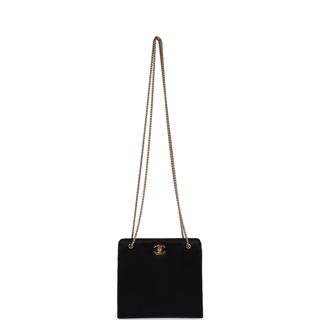 Chanel Vintage Square Shoulder Bag Black Satin Gold Hardware