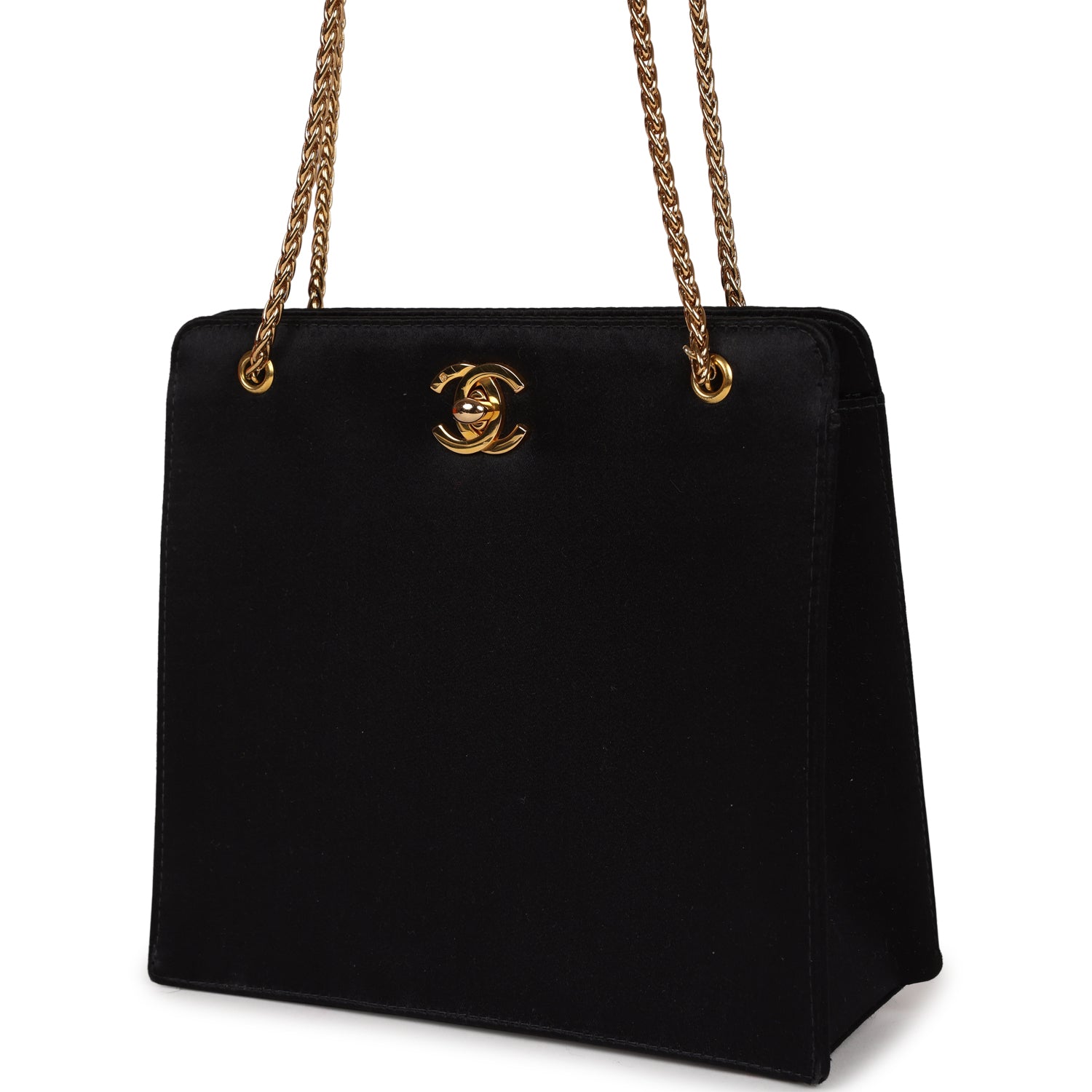 Chanel Vintage Square Shoulder Bag Black Satin Gold Hardware