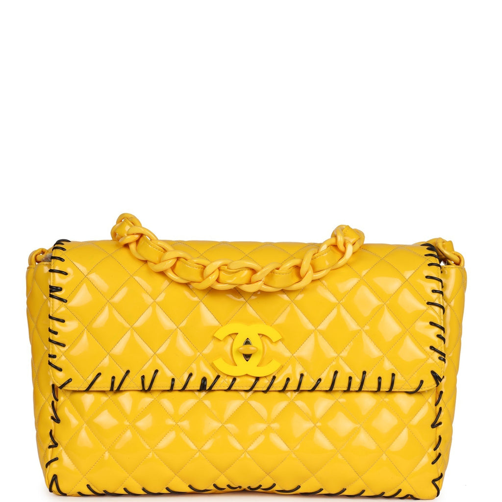 Chanel Vintage XL Jumbo Stitch Flap Bag Yellow Patent Leather Yellow Acrylic Hardware