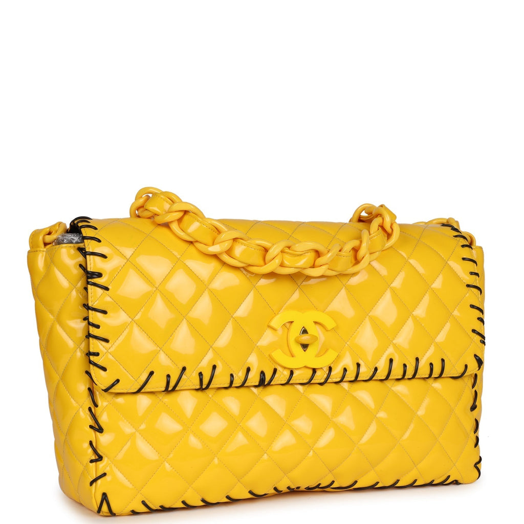 Chanel Vintage XL Jumbo Stitch Flap Bag Yellow Patent Leather Yellow Acrylic Hardware