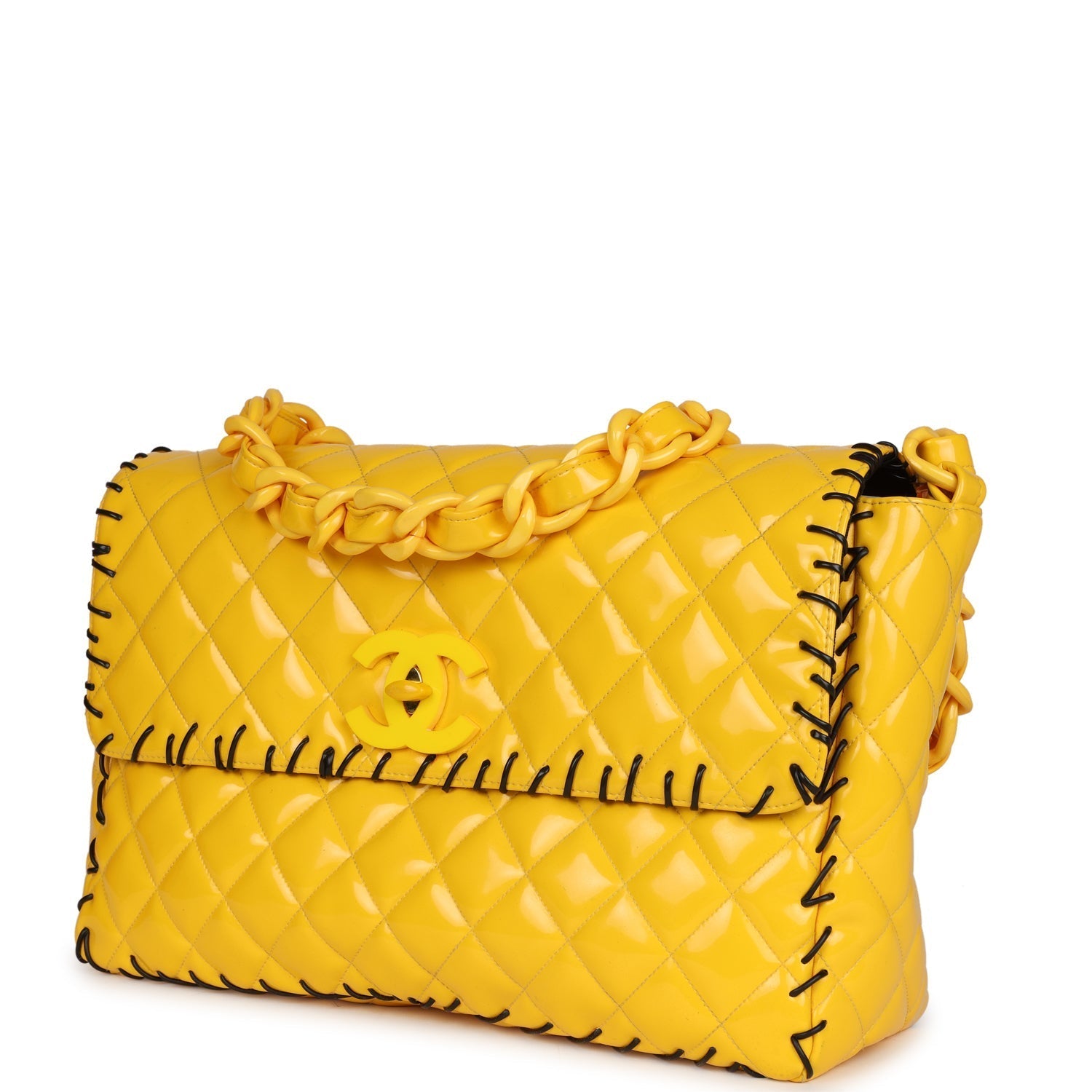 Chanel Vintage XL Jumbo Stitch Flap Bag Yellow Patent Leather Yellow Acrylic Hardware