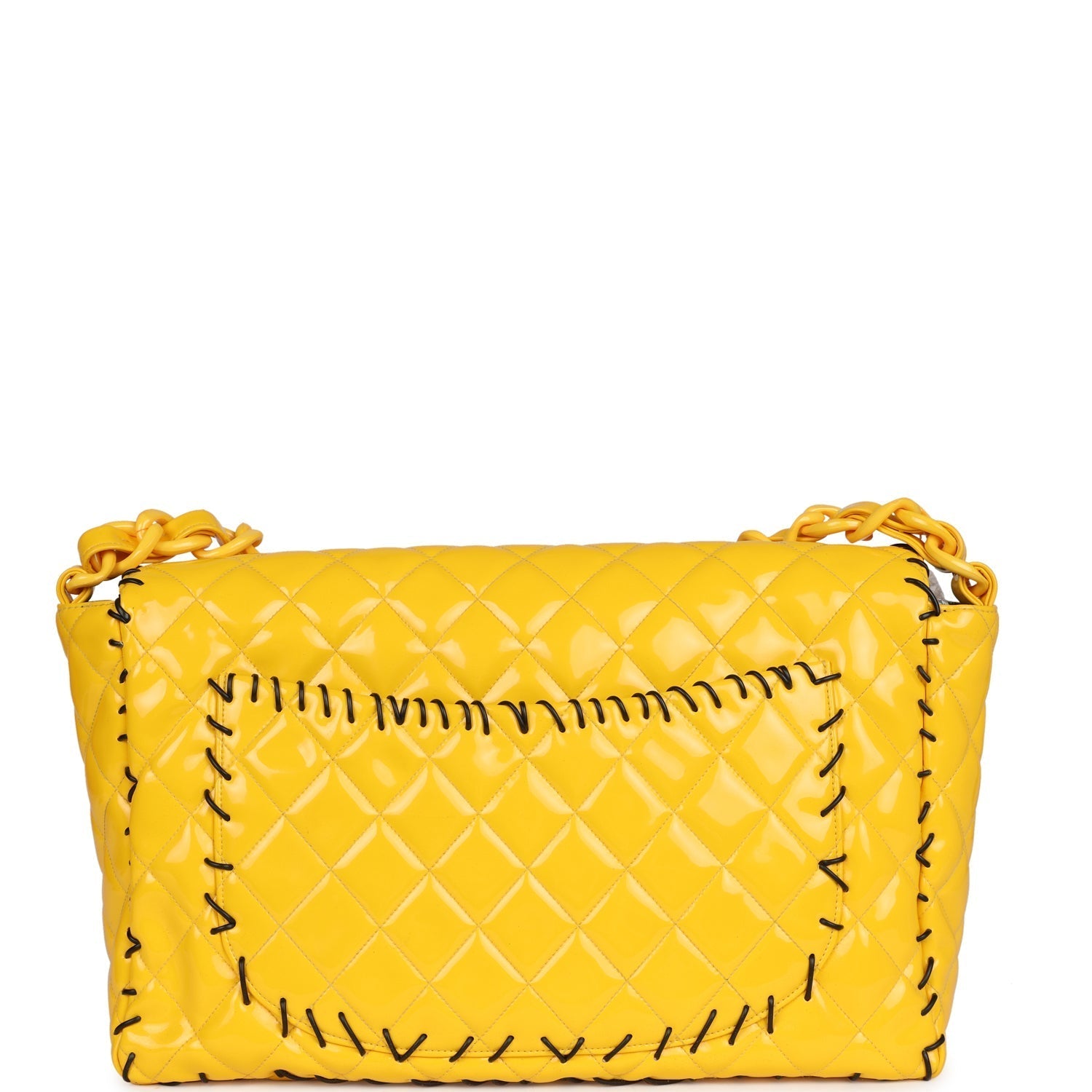 Chanel Vintage XL Jumbo Stitch Flap Bag Yellow Patent Leather Yellow Acrylic Hardware