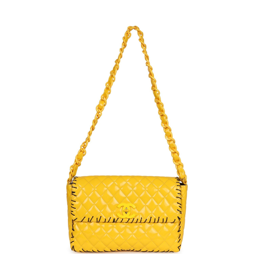 Chanel Vintage XL Jumbo Stitch Flap Bag Yellow Patent Leather Yellow Acrylic Hardware