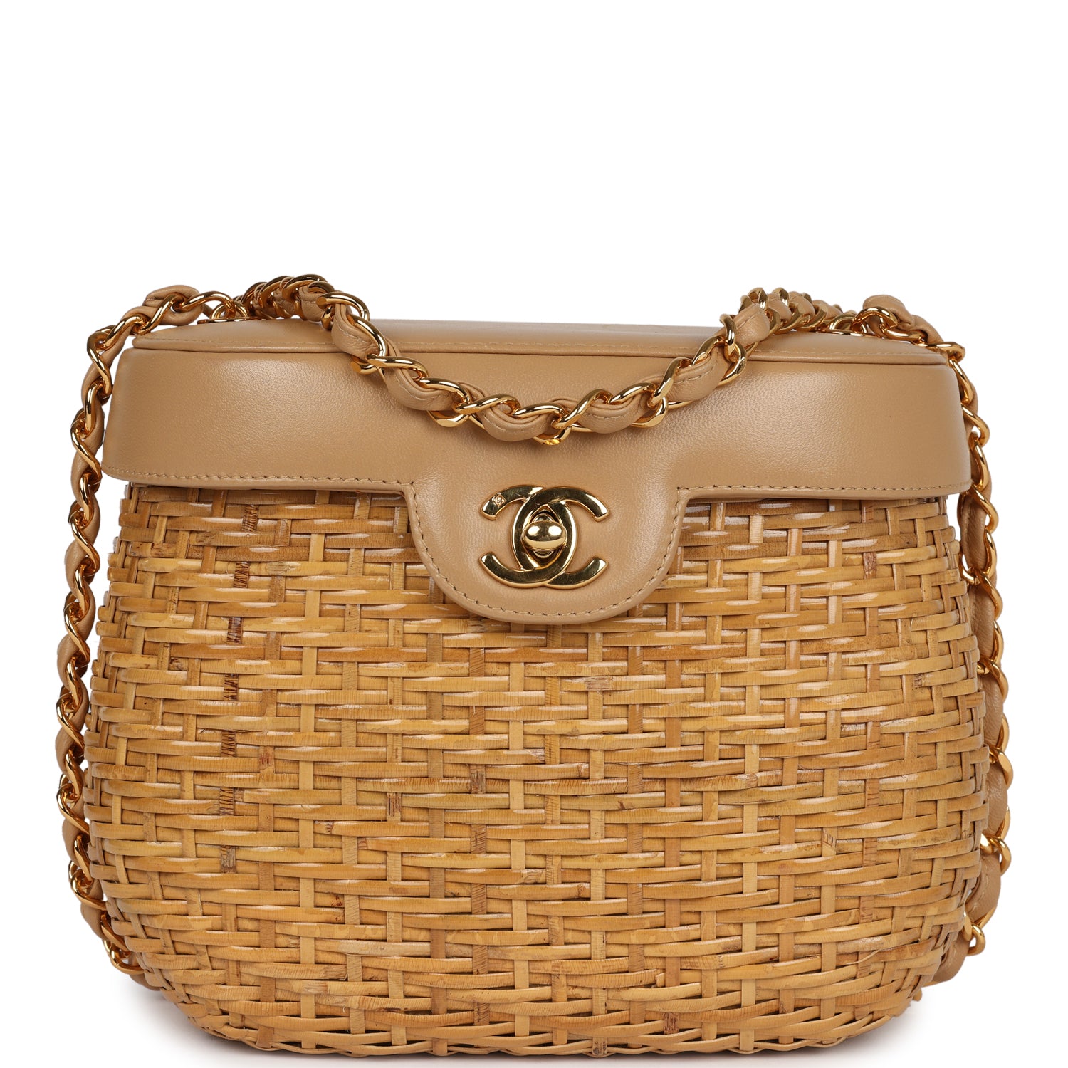 Chanel Vintage Basket Bag Beige Lambskin and Rattan Wicker Gold Hardware