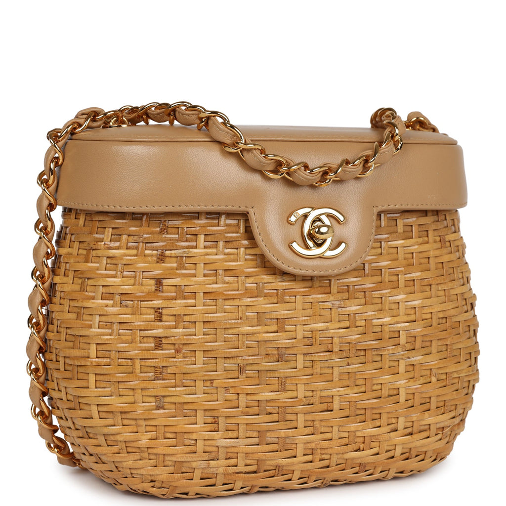 Chanel Vintage Basket Bag Beige Lambskin and Rattan Wicker Gold Hardware