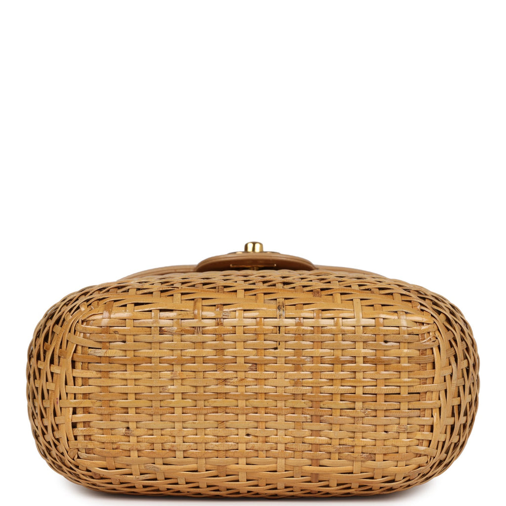 Chanel Vintage Basket Bag Beige Lambskin and Rattan Wicker Gold Hardware