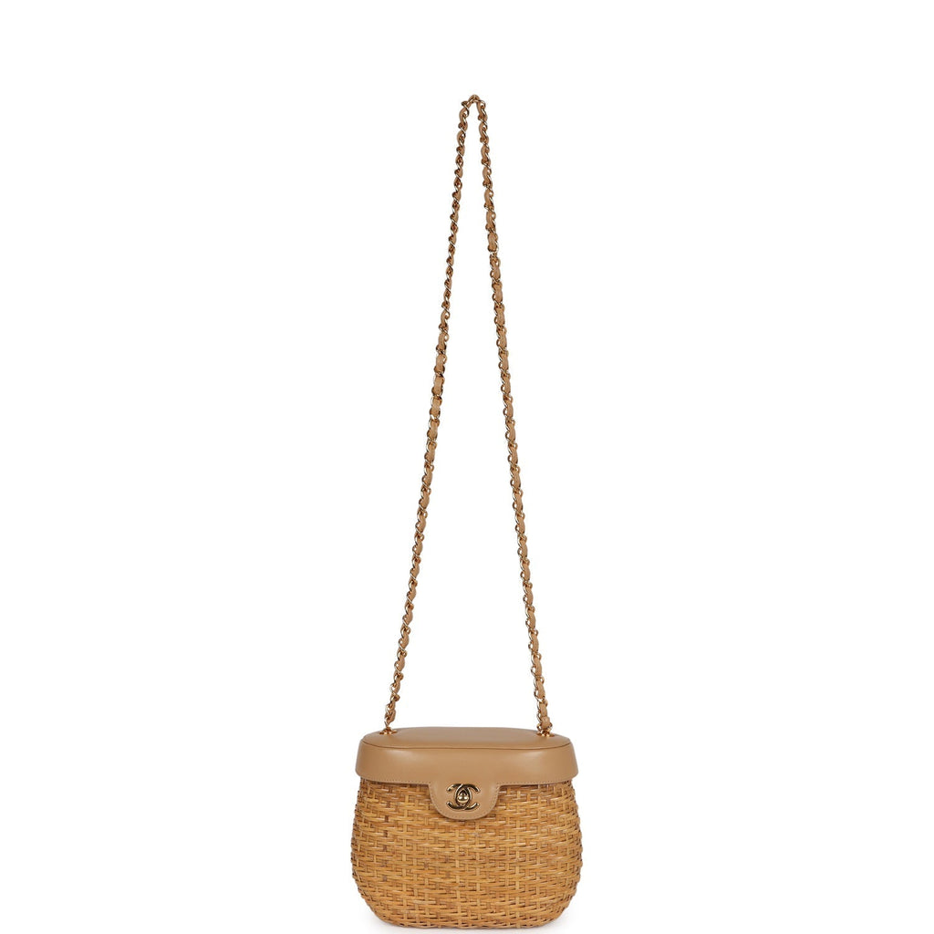 Chanel Vintage Basket Bag Beige Lambskin and Rattan Wicker Gold Hardware