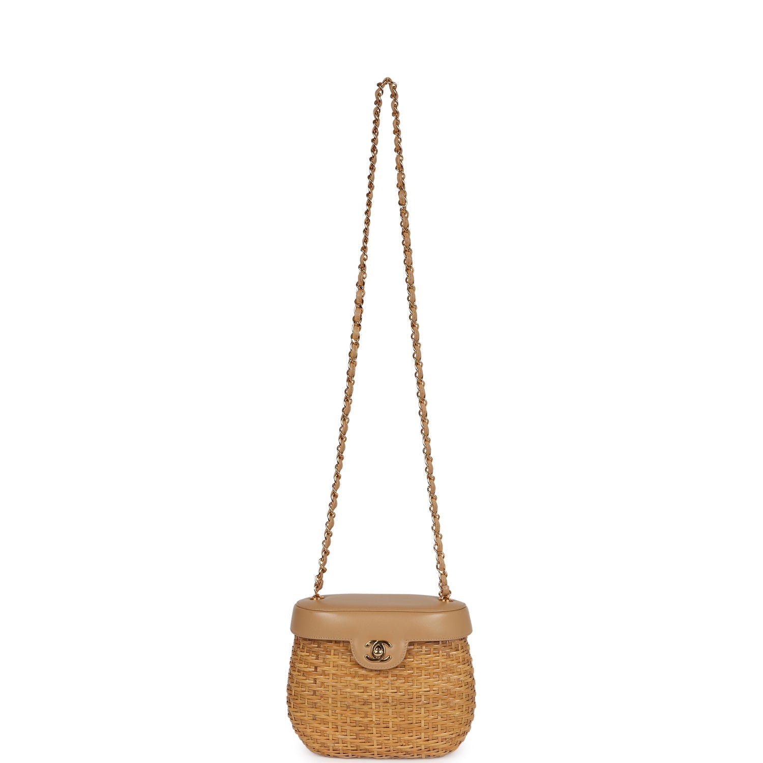 Chanel Vintage Basket Bag Beige Lambskin and Rattan Wicker Gold Hardware