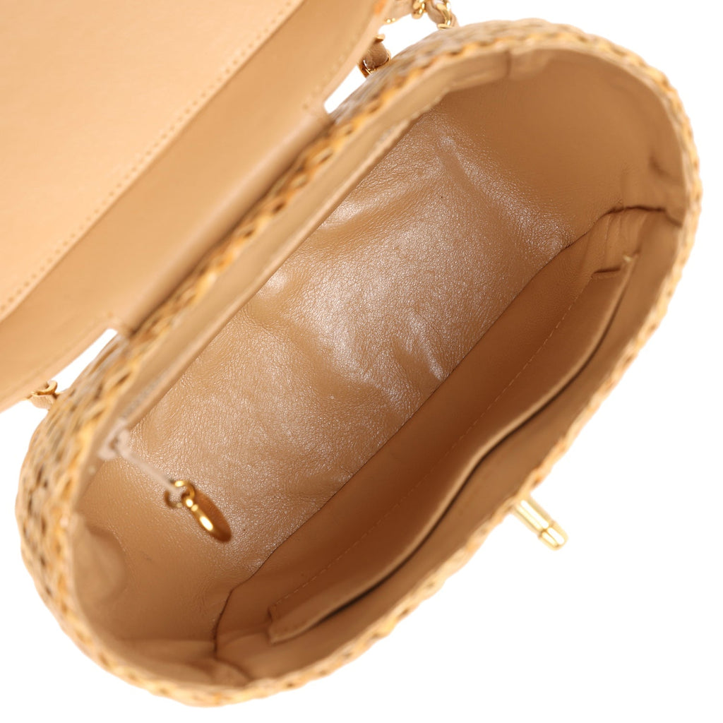 Chanel Vintage Basket Bag Beige Lambskin and Rattan Wicker Gold Hardware