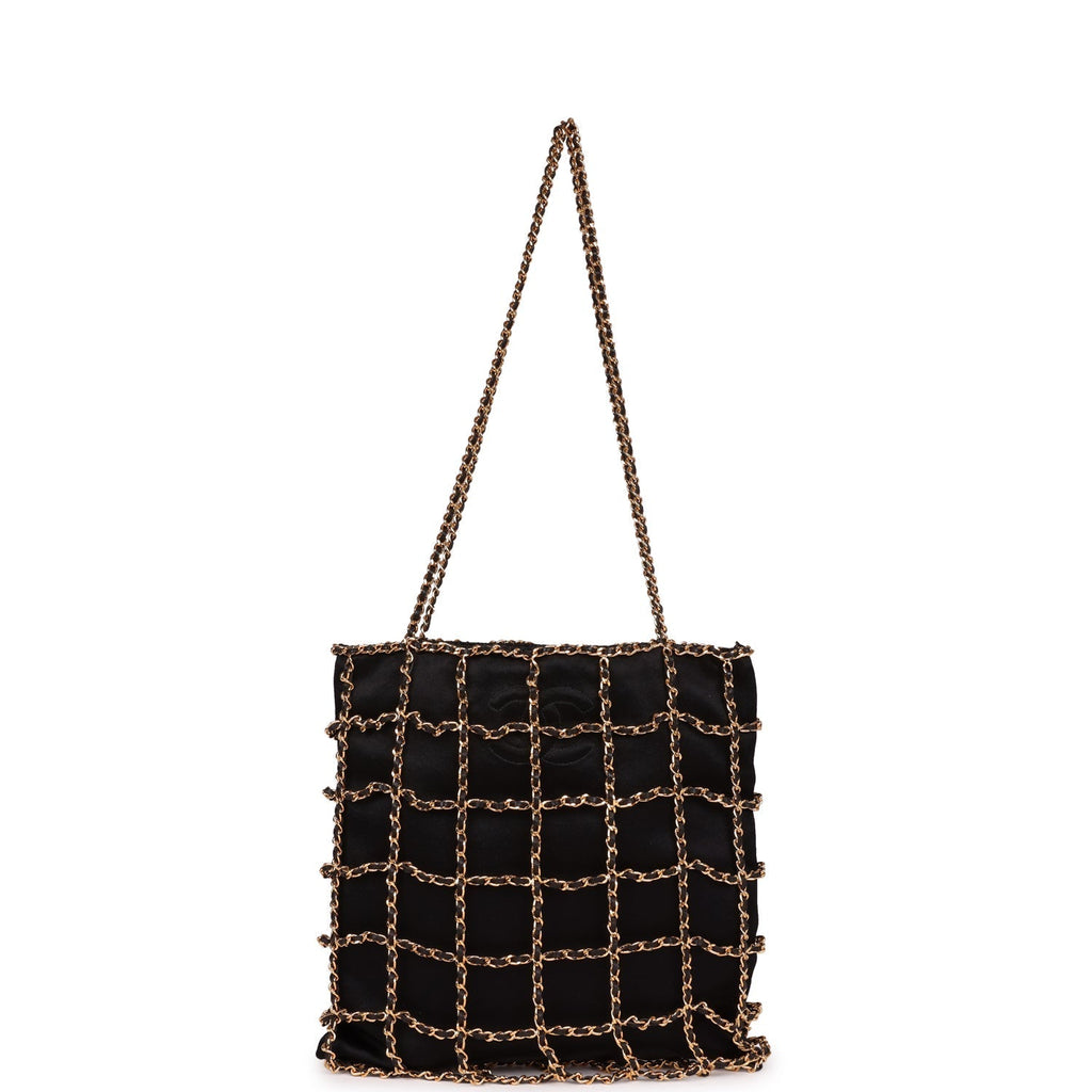 Chanel Vintage Chain Frame CC Shopping Tote Black Satin Gold Hardware