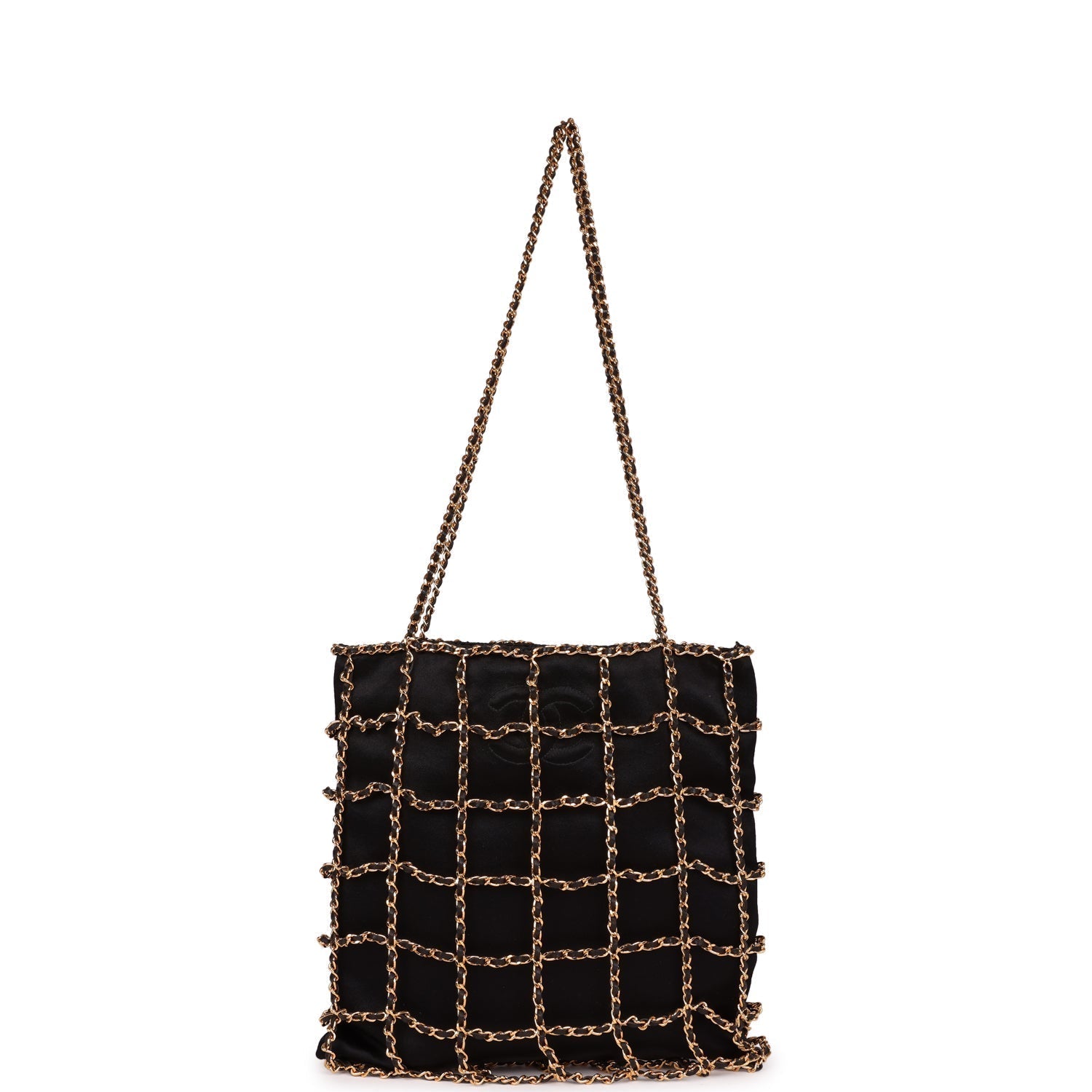Chanel Vintage Chain Frame CC Shopping Tote Black Satin Gold Hardware