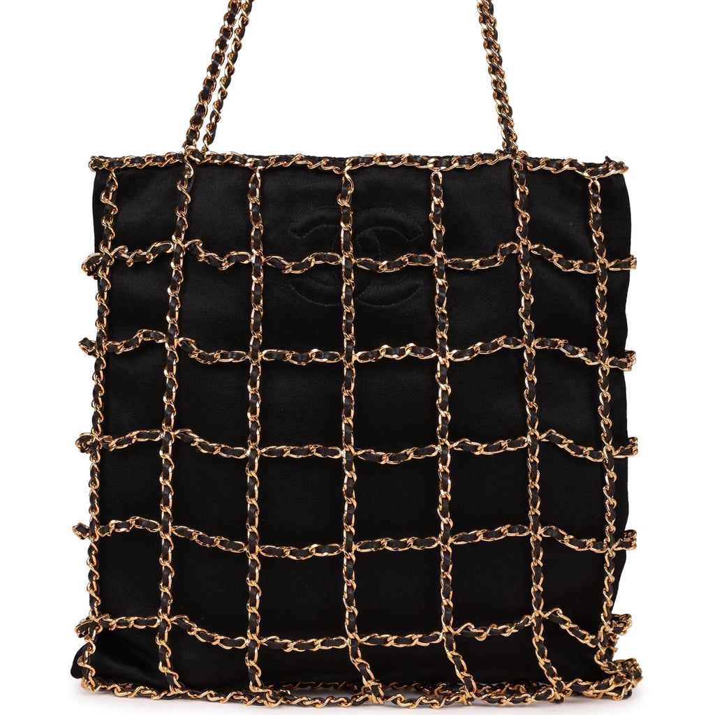 Chanel Vintage Chain Frame CC Shopping Tote Black Satin Gold Hardware