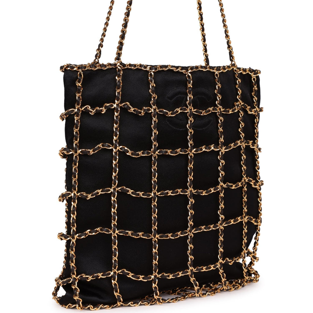 Chanel Vintage Chain Frame CC Shopping Tote Black Satin Gold Hardware