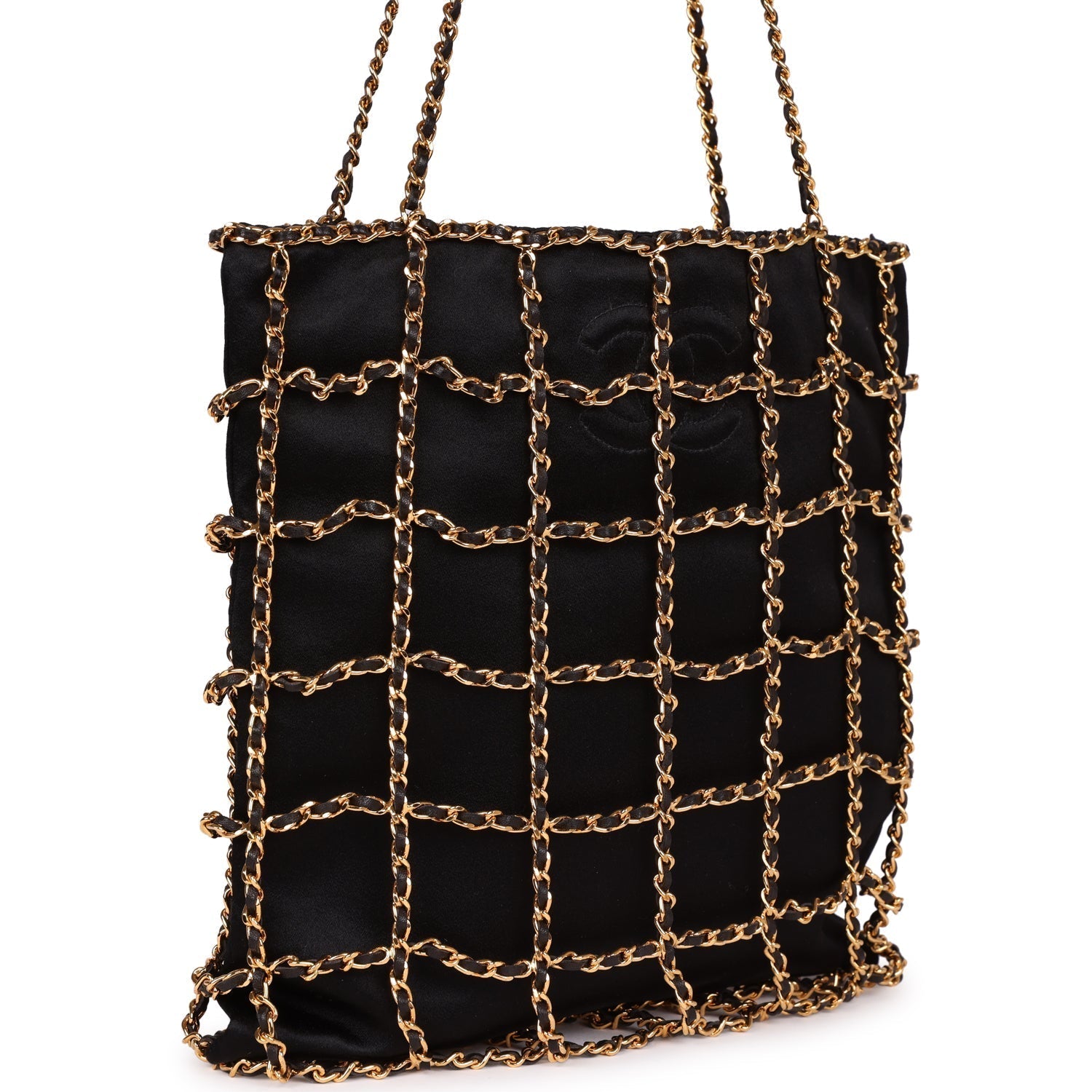 Chanel Vintage Chain Frame CC Shopping Tote Black Satin Gold Hardware