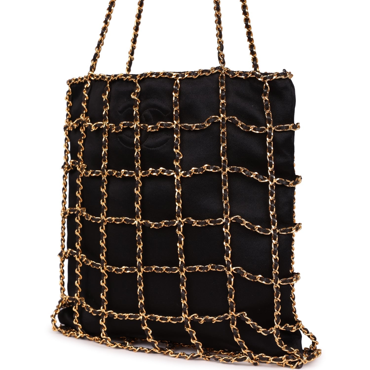 Chanel Vintage Chain Frame CC Shopping Tote Black Satin Gold Hardware