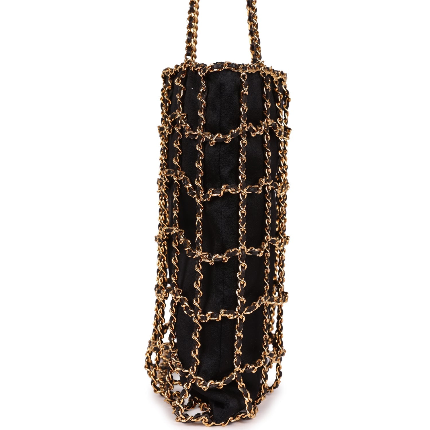 Chanel Vintage Chain Frame CC Shopping Tote Black Satin Gold Hardware