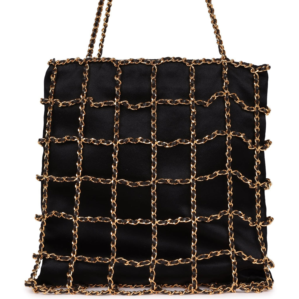 Chanel Vintage Chain Frame CC Shopping Tote Black Satin Gold Hardware