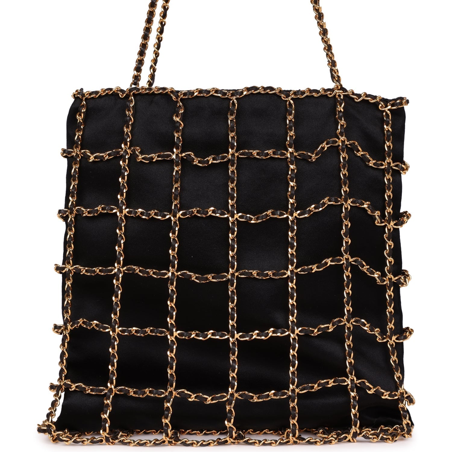 Chanel Vintage Chain Frame CC Shopping Tote Black Satin Gold Hardware