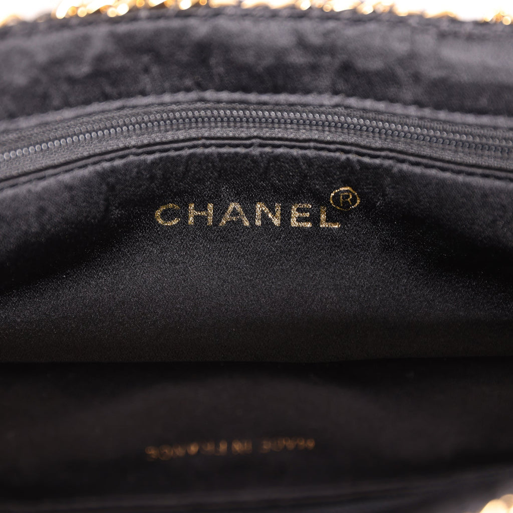 Chanel Vintage Chain Frame CC Shopping Tote Black Satin Gold Hardware