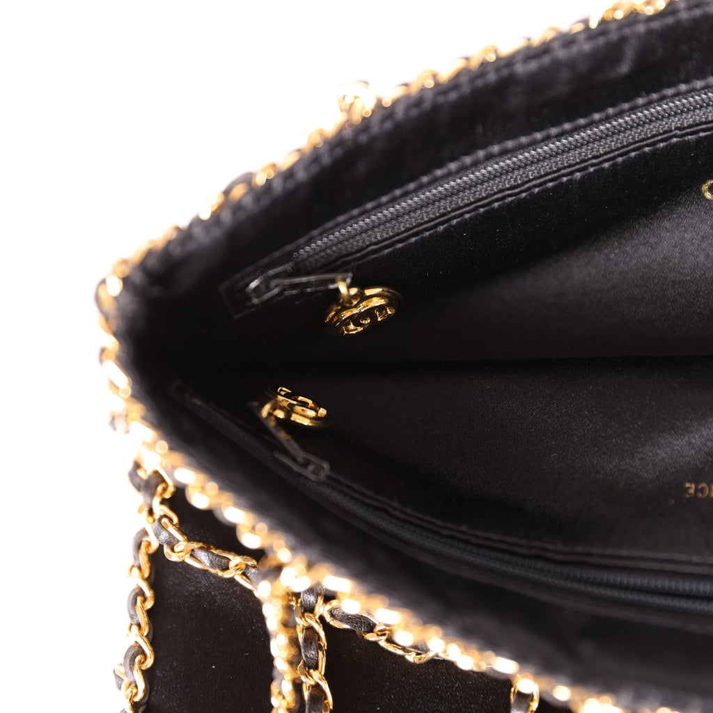 Chanel Vintage Chain Frame CC Shopping Tote Black Satin Gold Hardware