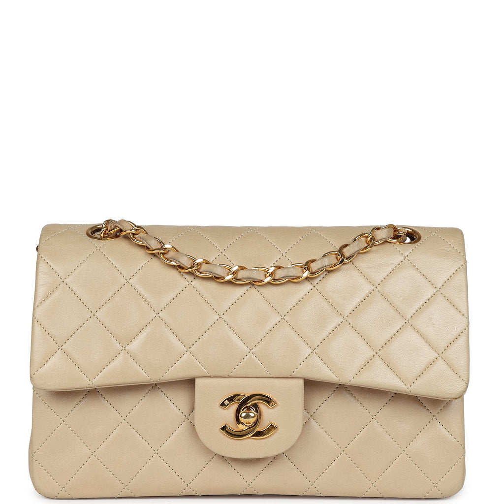 Chanel Vintage Small Classic Double Flap Beige Lambskin Gold Hardware
