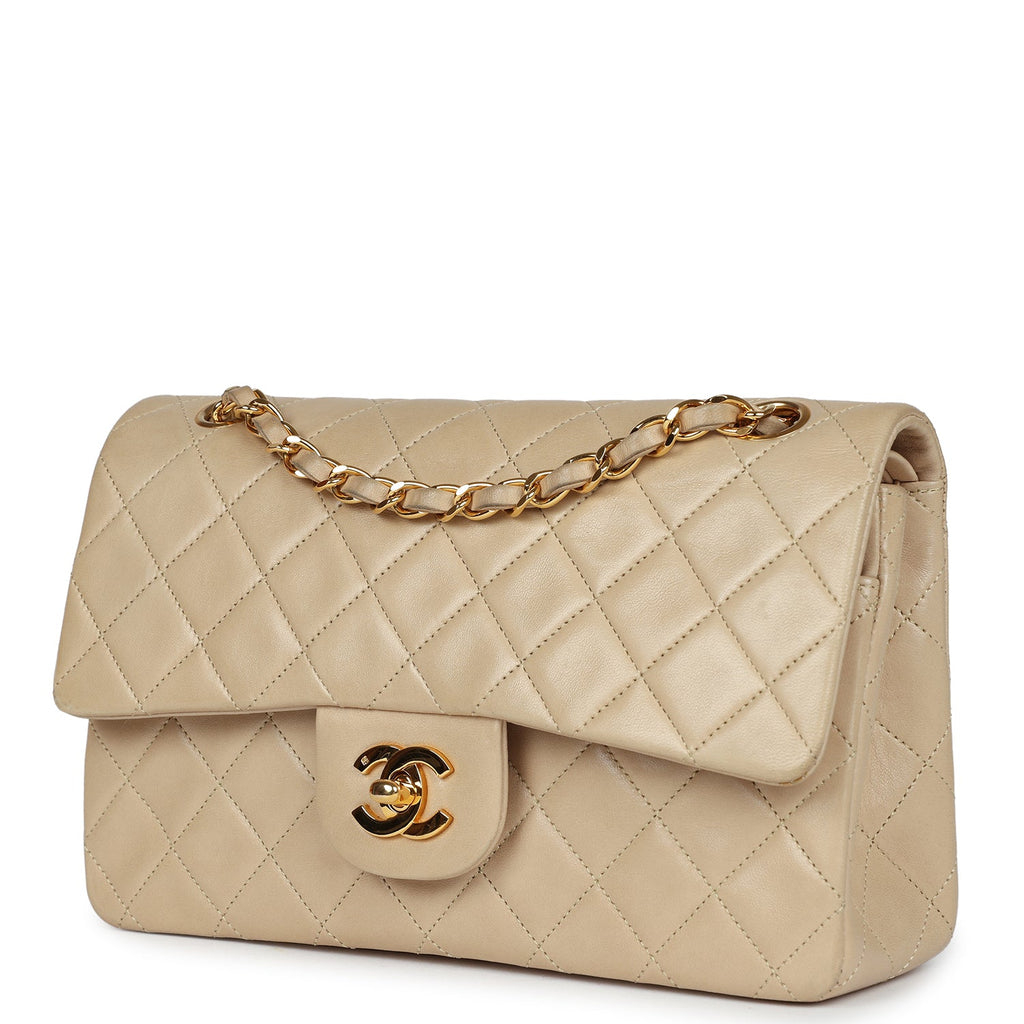 Chanel Vintage Small Classic Double Flap Beige Lambskin Gold Hardware