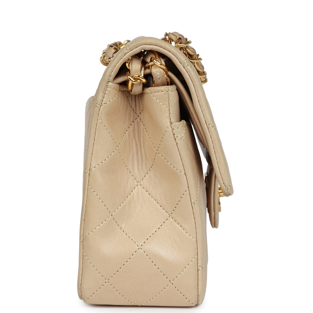Chanel Vintage Small Classic Double Flap Beige Lambskin Gold Hardware