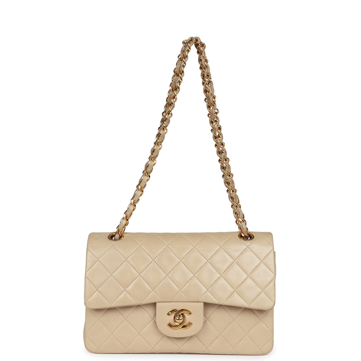Chanel Vintage Small Classic Double Flap Beige Lambskin Gold Hardware