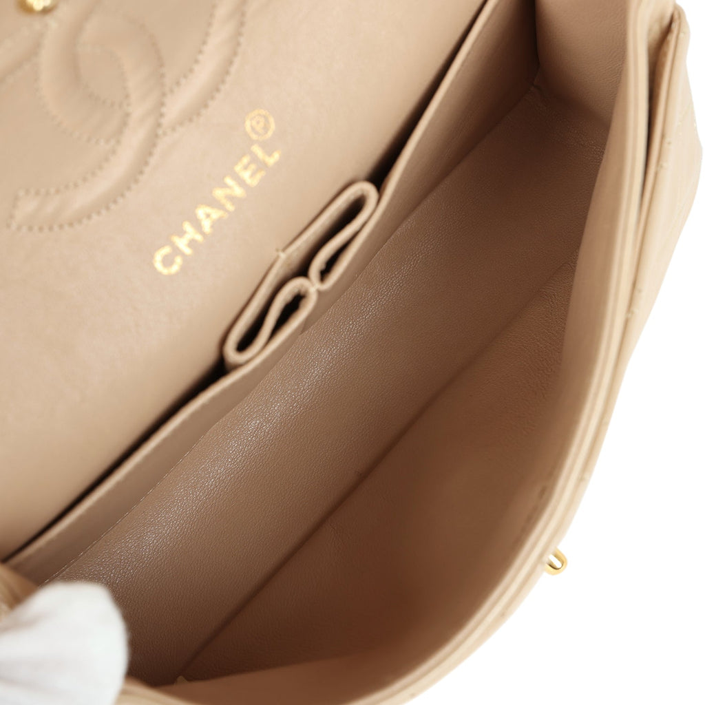 Chanel Vintage Small Classic Double Flap Beige Lambskin Gold Hardware