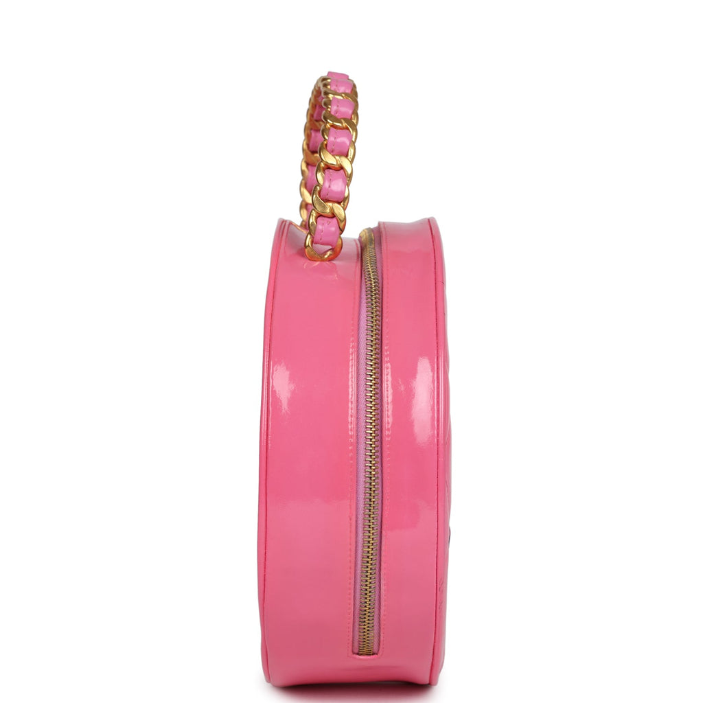 Chanel Vintage Round Vanity Bag Pink and Black Patent Leather Antique Gold Hardware