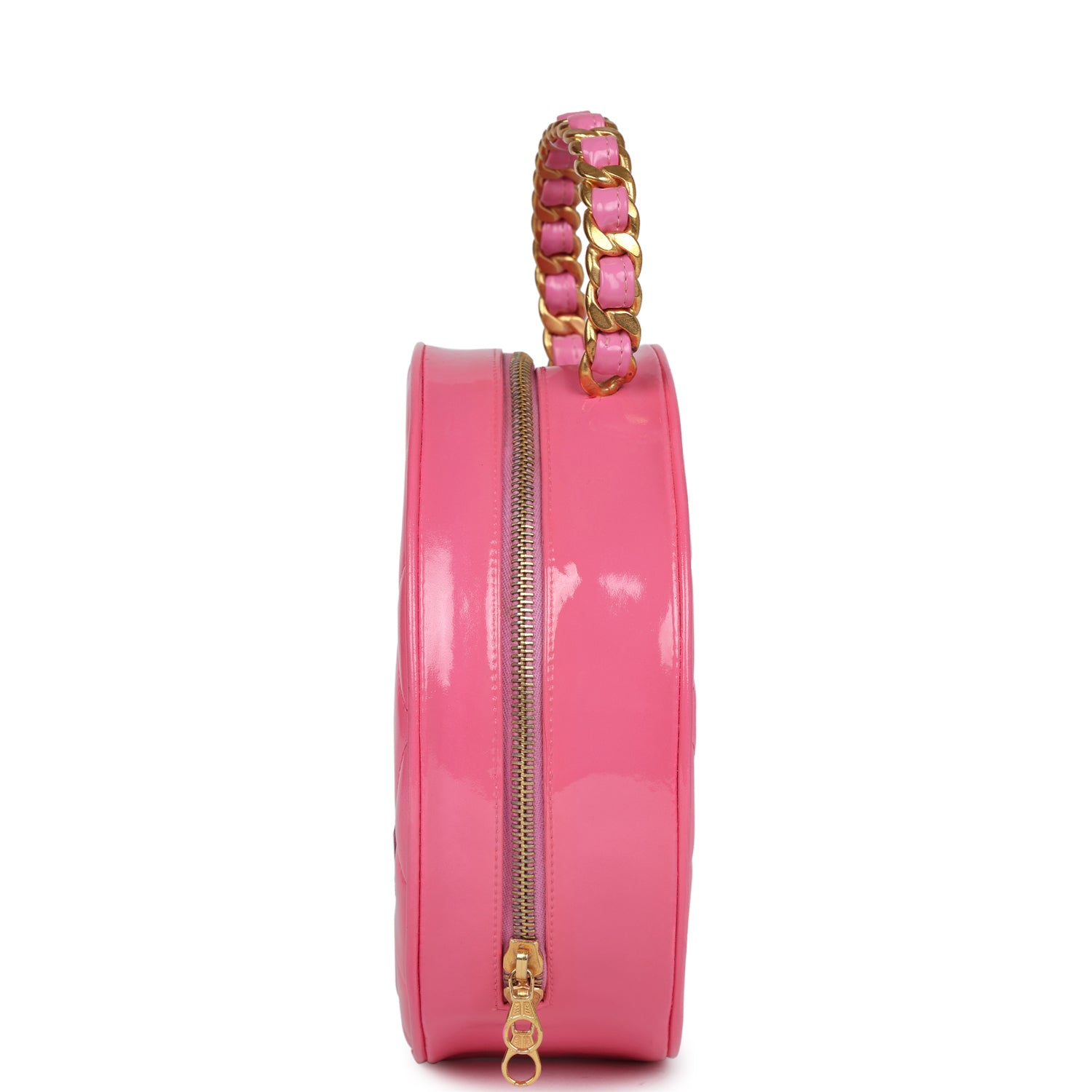 Chanel Vintage Round Vanity Bag Pink and Black Patent Leather Antique Gold Hardware