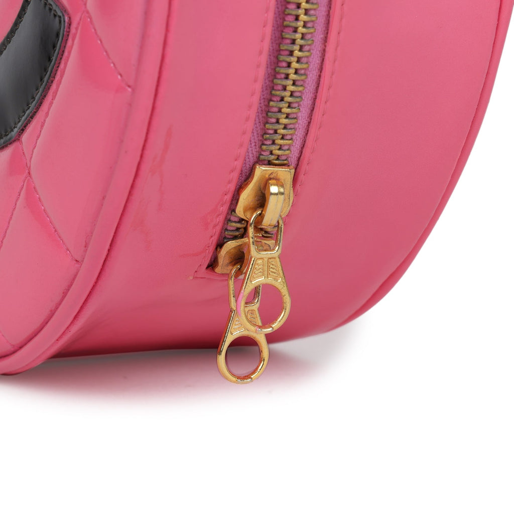 Chanel Vintage Round Vanity Bag Pink and Black Patent Leather Antique Gold Hardware