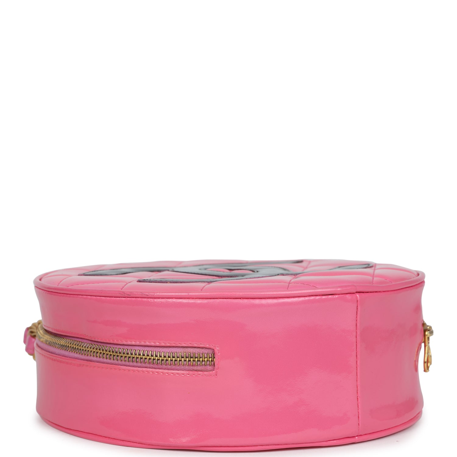 Chanel Vintage Round Vanity Bag Pink and Black Patent Leather Antique Gold Hardware